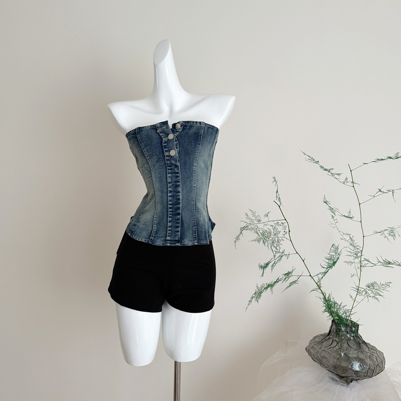 Youni's Homemade Neon Hot Wave Blue Denim Tube Top for Women, Slim-Fit Short Tube Top