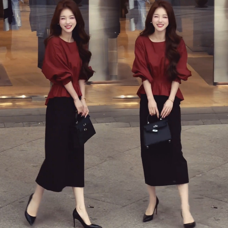 Fashionable Suit Dress 2026 Autumn Elegant and Stylish Round Neck Waist-Cinching Puff Sleeve Shirt and Skirt Two-Piece Set Trendy Fashionable Suit Dress 2026 Autumn Elegant and Stylish Round Neck Waist-Cinching Puff Sleeve Shirt and Skirt Two-Piece Set Trendy