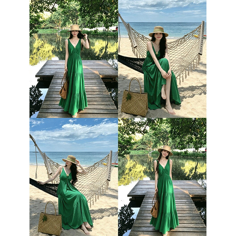 [Green Field of Wonders] Green Pleated Texture Holiday Style Suspender Dress V-Neck Long Dress for Women