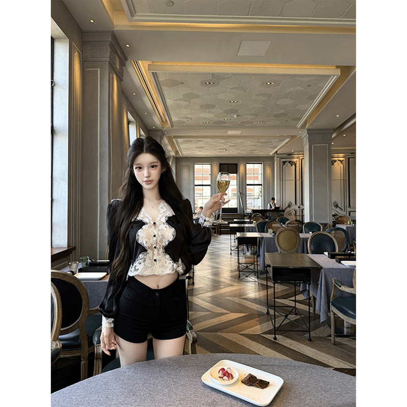 Kubiliv【Winnie Night Music】Exquisite French-Style Lace Satin Patchwork Blouse for Women, Delicate and Slightly Sexy Shirt