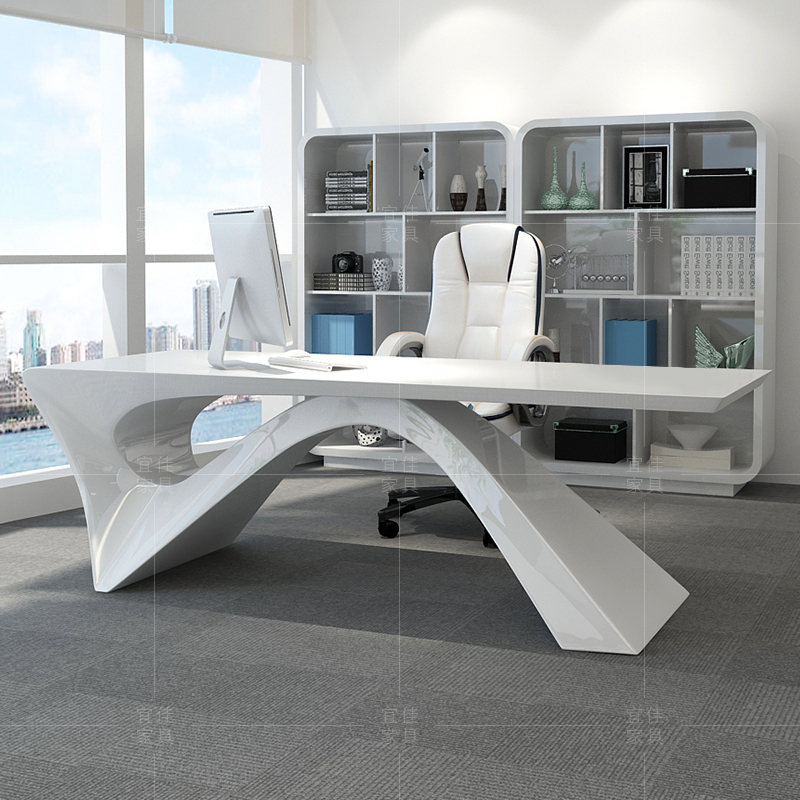 Fashionable White Lacquered Executive Desk, Simple Modern Ceo Desk, Creative Executive Desk, Office Desk and Chair Set