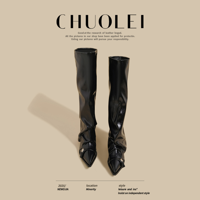 Spring New Versatile Thick High-Heeled Riding Boots for Women, Pleated Long Boots, Black Over-The-Knee Fleece-Lined Trouser Boots