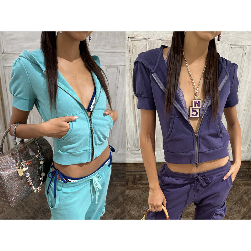 Hol!Day 2-Color Faded Distressed Washed Pure Cotton Double Zipper Hooded Short-Sleeve Sweatshirt