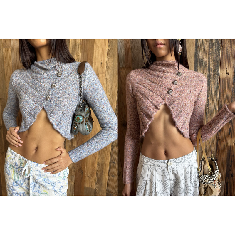 Hol!Day 2-Color Shell-Shaped Curved Hem Mixed-Color Chunky Knit Soft Wool Blend Sweater Multi-Wear Cardigan