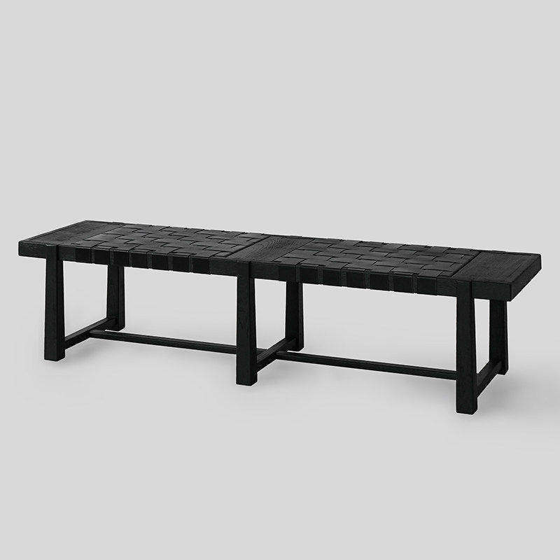 New Bauhaus Mid-Century Style Saddle Leather Woven Rattan Dining Bench Designer Solid Wood Bench Shoe-Changing Bench