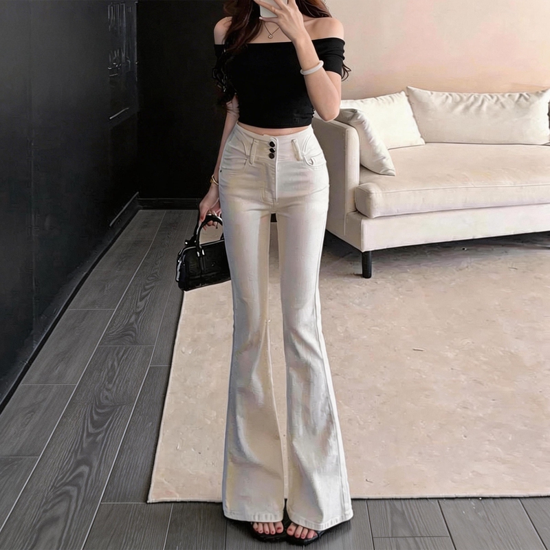 Adifcmm White High-Waisted Flared Jeans for Women, Slim Fit, Slimming, High-End, Sexy Bell-Bottom Pants