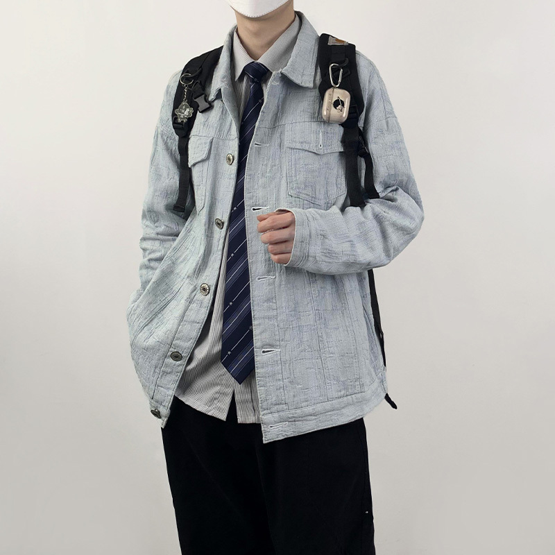 Uncle Kimura Dk Japanese Retro Denim Shirt for Men, Loose and Versatile Jacket, Spring and Autumn Turn-Down Collar Work Shirt Jacket