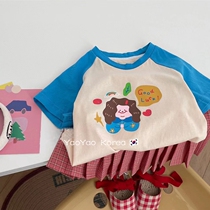 Girls T-shirt Korean version Childrens clothes 22 Summer new foreign air Han series cute cartoon Fashion collage female baby short sleeves