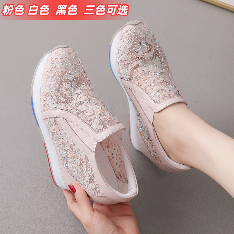 Summer Mesh Rhinestone Flower Women's Lightweight Genuine Leather Height-Increasing Wedge Shoes with Hollow Breathable Design for Travel and Leisure