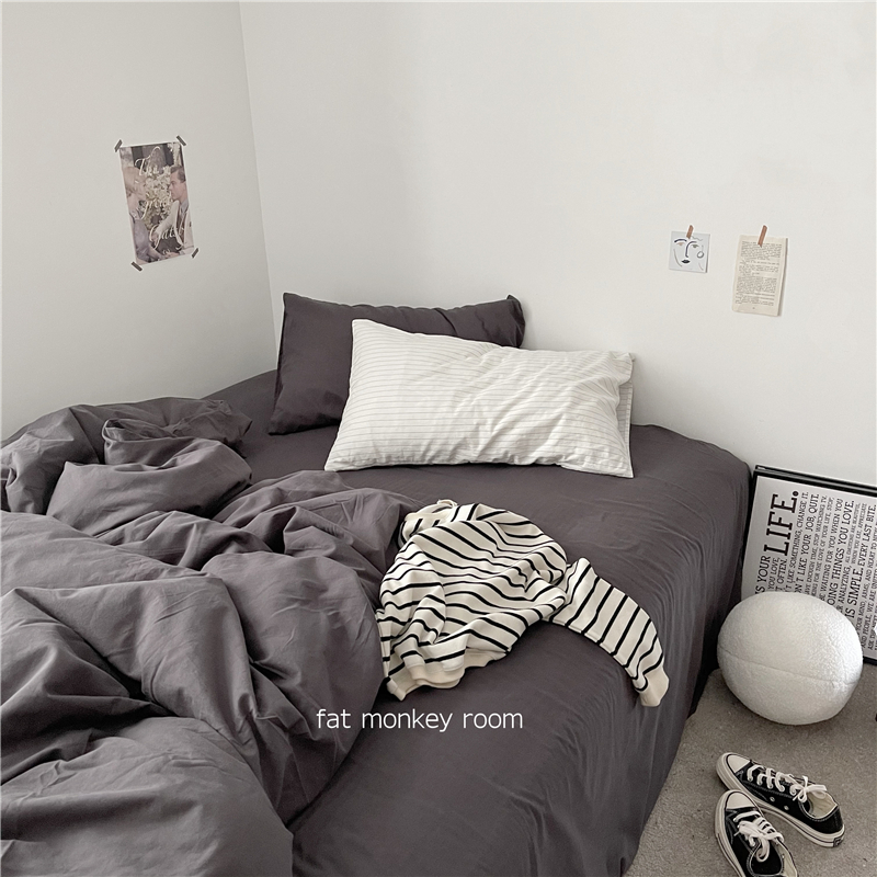 Boyfriend | middle ancient wind | extremely minimalist dark grey cold wind pure cotton washed cotton bed goods four pieces of lodgings three sets-Taobao