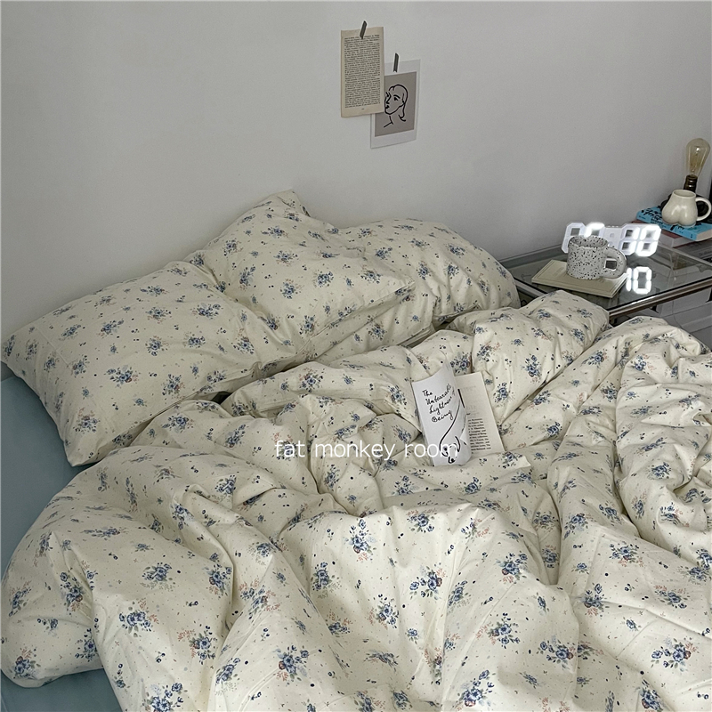 Biehouse deep |ins day style small crowdsourced retro crummy cotton combed cotton bed goods with four sets of single three-three-style