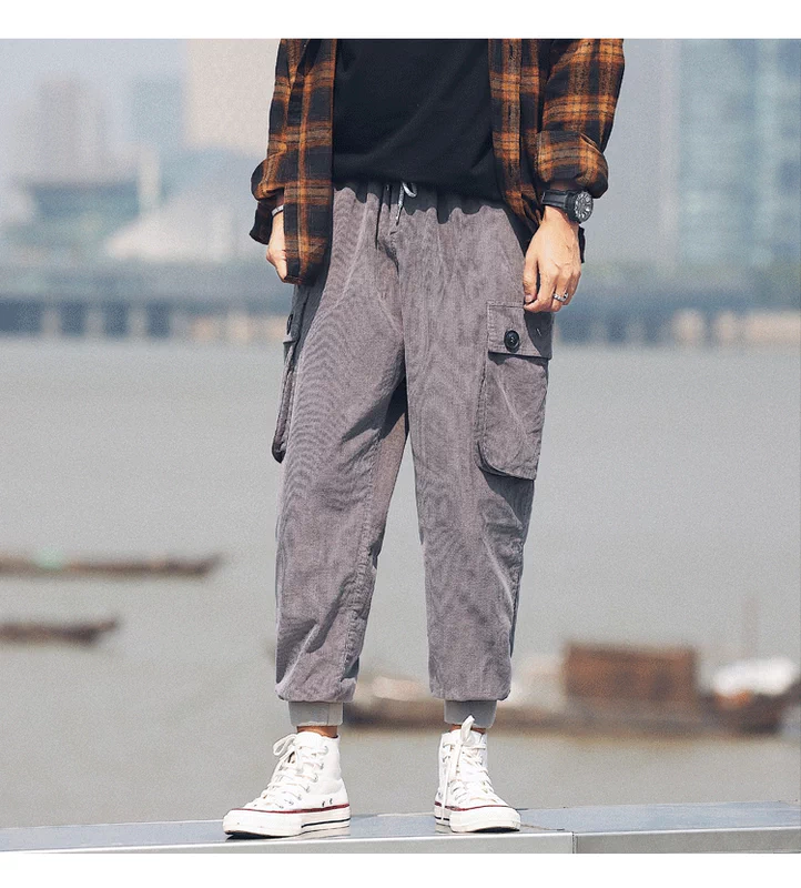 Quần retro kẻ sọc liền màu Nhật Bản quần âu nam mùa thu và mùa đông quần ống loe rộng rãi xu hướng chân nhỏ quần nam đẹp