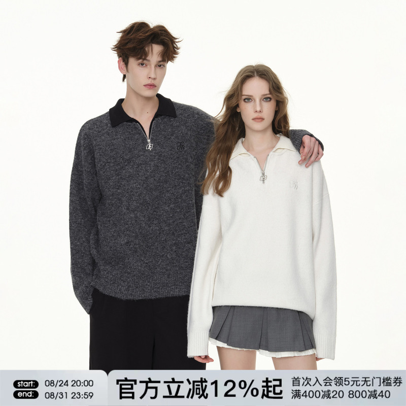 Fornines Fake Two-Piece Polo Collar Half-Zip Sweater for Men and Women, Couple Tops, Autumn and Winter Lapel Long-Sleeved Knitwear