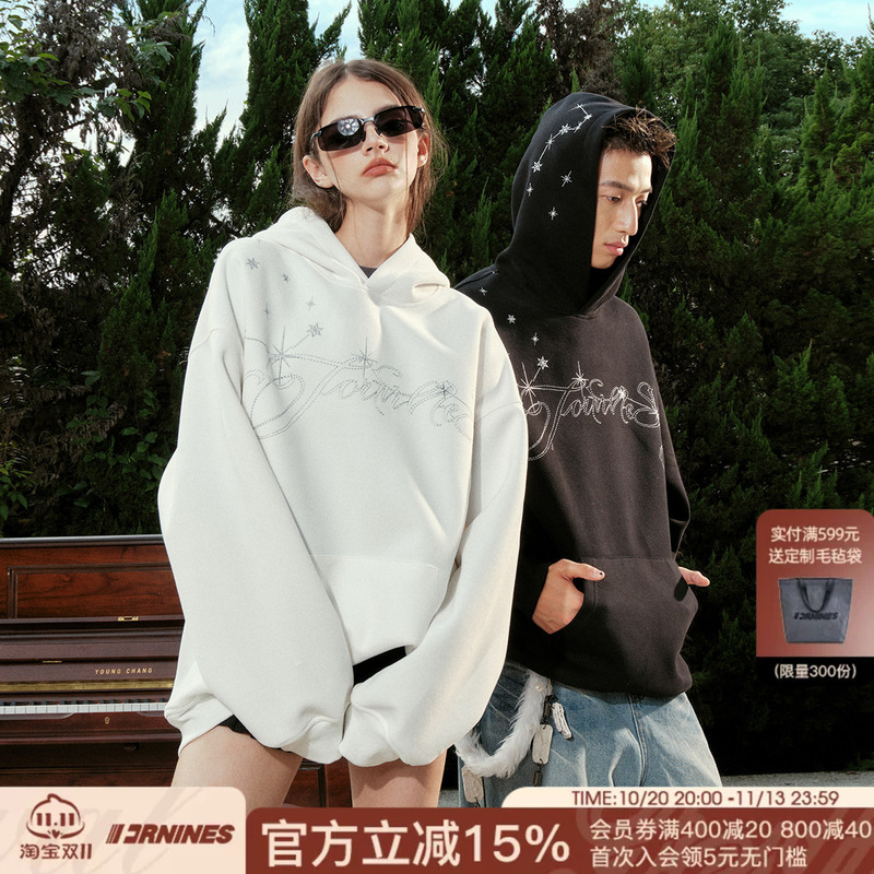 Fornines Star Embroidery Heavyweight Sweatshirt for Men and Women, Couple Wear, Trendy Brand, Spring and Autumn Fleece-Lined Hoodie, American Style Jacket