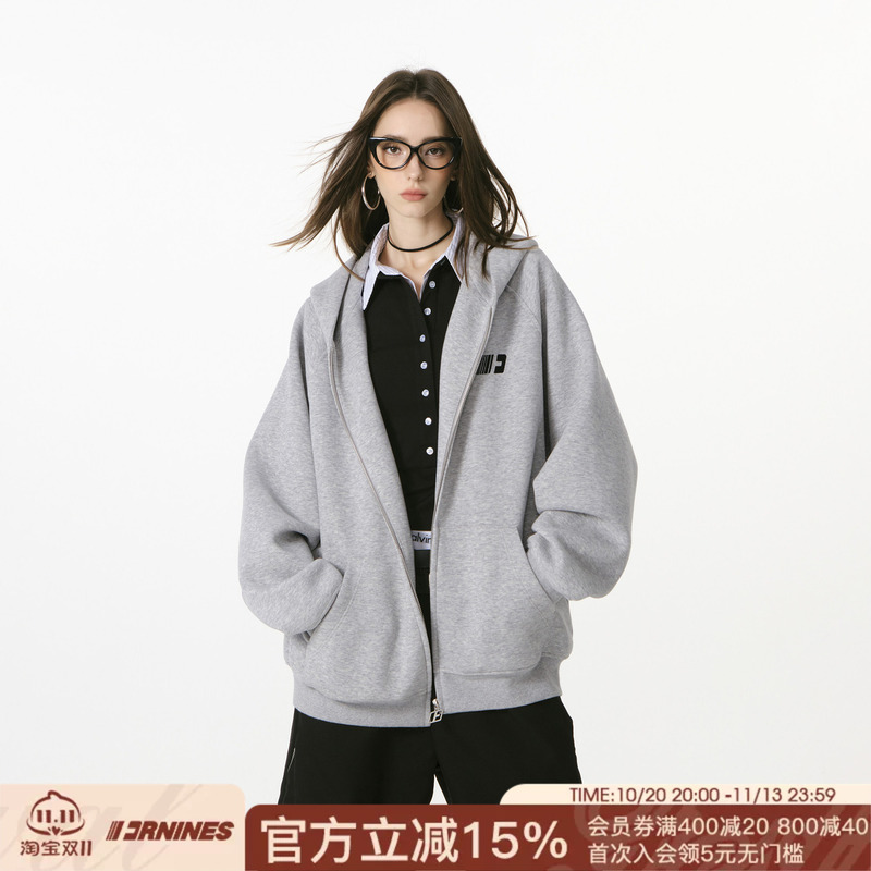 Fornines Embroidered Hooded Zip-Up Cardigan Gray Sweatshirt Unisex Trendy Brand Spring and Autumn Heavyweight Fleece Couple's Jacket