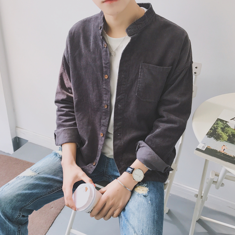日系复古男士灯芯绒贴布宽松衬衣秋装青少年免烫长袖衬衫潮流外套