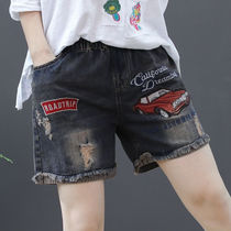 Summer new retro loose embroidery high waist ripped denim shorts womens summer elastic waist wild jeans children