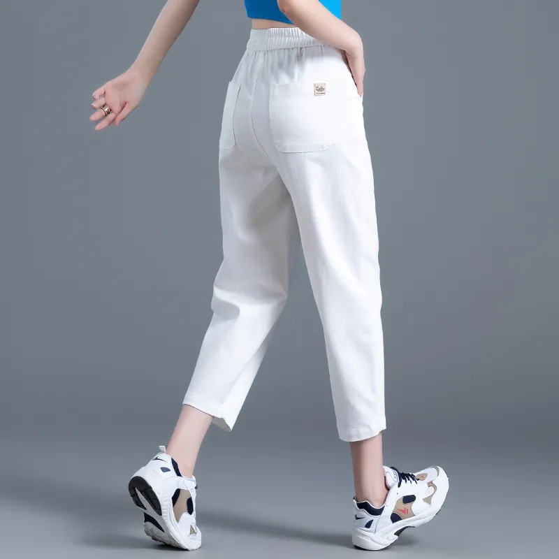 White Cropped Jeans for Women in Summer, Thin, High-Waisted, Slim, Stretchy, Eight-Point, Small, Casual Daddy Harem Pants