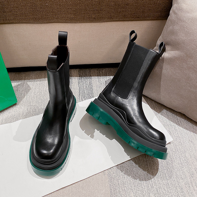 2021 new inner heightening Martin boots women's leather mid-tube spring and autumn single boots chimney green bottom Chelsea short boots