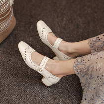 Thick heel Mary Jane shoes womens middle heel retro genuine leather hollow one-word buckle shallow mouth square toe French single shoes 2022 spring