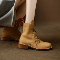 Trendy cool people all-match leather round toe college style flat Martin boots womens 2022 new small yellow boots short boots