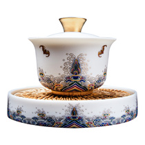 New Products Three Talents Cover Bowl Tea Cup Single Foshan Suhai Tea Bowl Goat Fat Jade Porcelain Enamel Color White Porcelain Kung Fu Tea Tea