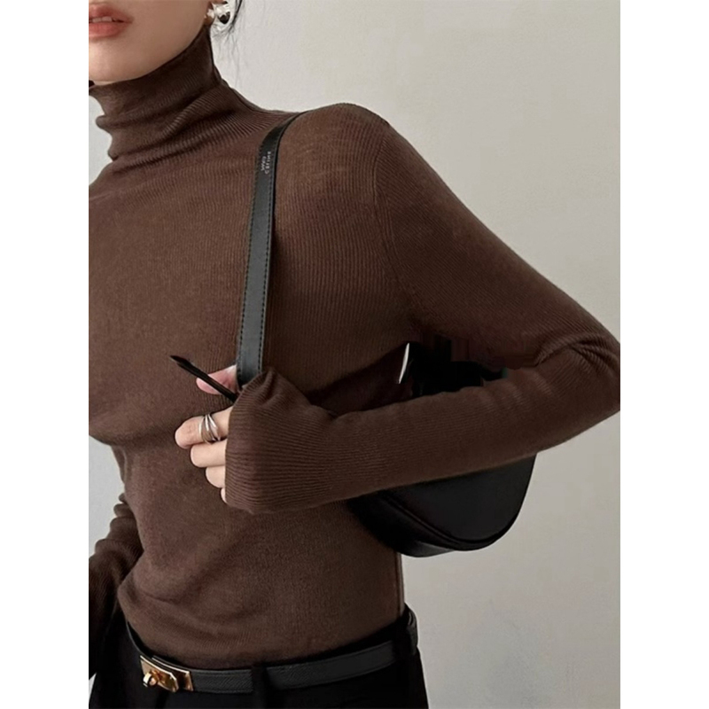 Meilade Coffee-Colored Knitted Base Shirt 2026 Early Spring Stacked Collar High-Neck Inner Top Women's Stylish Retro Sweater