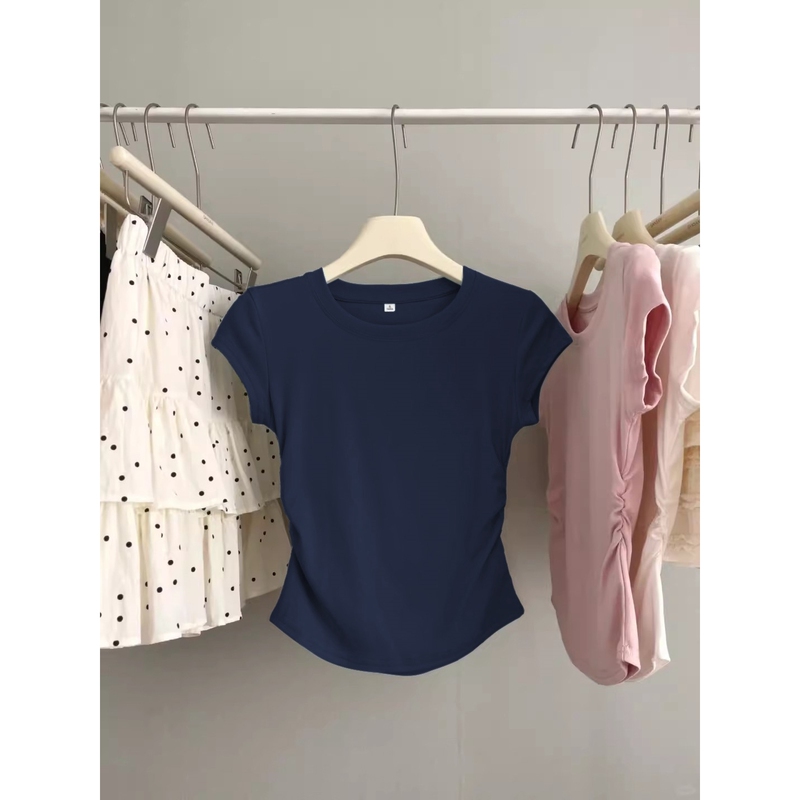 2026 Summer Irregular Waist-Cinching Ruched Top American Style Hot Girl Slimming T-Shirt Women's Round Neck Versatile Short Sleeve 2026 Summer Irregular Waist-Cinching Ruched Top American Style Hot Girl Slimming T-Shirt Women's Round Neck Versatile Short Sleeve