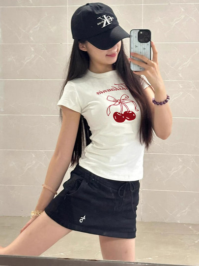 Spicy Girl Short-Sleeved T-Shirt with Cherry Print for Women, Summer 2026 New Slim-Fit Unique Niche Base Top