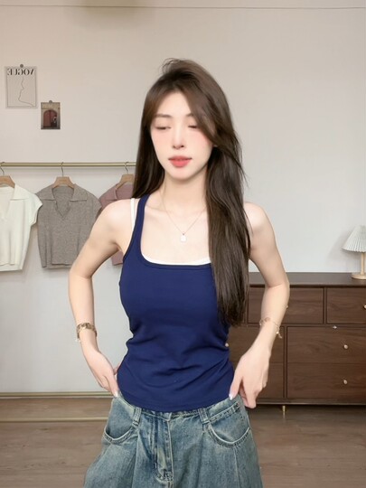 American-Style Spicy Girl Square-Neck Camisole with Removable Chest Pads, Women's Summer Anti-Exposure Top, Stylish Tight-Fitting Inner Wear with Straps