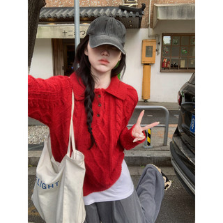 Christmas Atmosphere Sweater New Year Red Polo Collar Cable Knit Sweater Autumn and Winter Lazy Style Thickened Inner Top for Women
