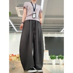 Summer Thin Drapey High-Waisted Slimming Floor-Length Casual Pants Women's Cargo Pants Hong Kong Style Retro Drawstring Scimitar Wide-Leg Pants