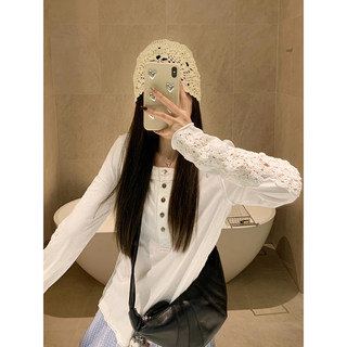 Korean-Style Chic Crochet Hollow-Out Loose Top for Women, Autumn Rolled-Edge Button Half-Open Collar Inner Wear, Slimming Long-Sleeve T-Shirt