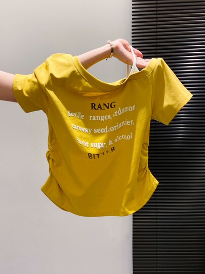 American-Style Off-Shoulder Short-Sleeve Women's Summer Chic Camisole Fake Two-Piece Off-Shoulder T-Shirt Niche Waist-Cinching Pleated Base Top