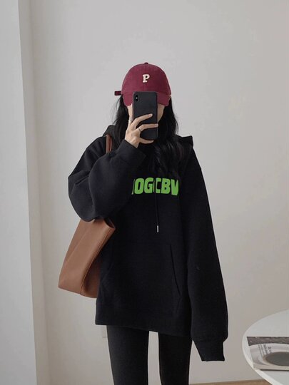 Oversize hooded sweatshirt women's spring and autumn velvet thickened American retro jacket trendy lazy style top winter