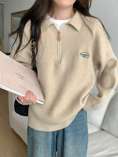 Lazy style polo lapel half-zip sweater thickened warm sweater for women spring autumn winter layered outer top