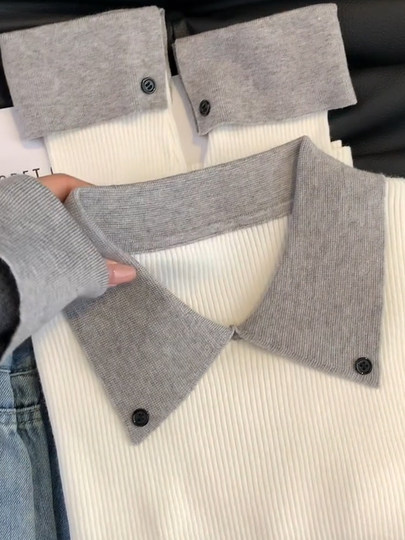 Commuting contrast color polo lapel long-sleeved women's light work style sweater sweater autumn and winter retro inner layering top