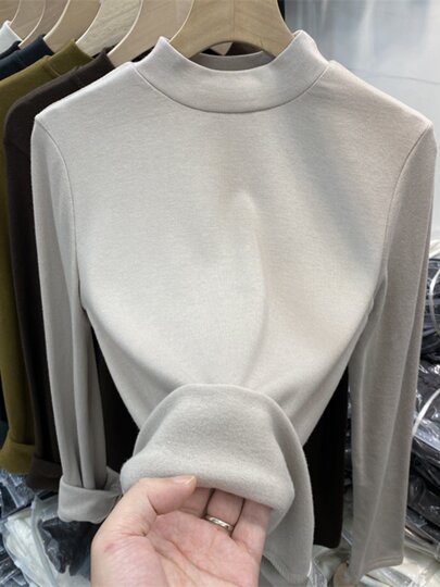 Skin-friendly facial mask inner layer 2025 early spring, autumn and winter thin velvet semi-turtle collar long-sleeved T-shirt for women bottoming shirt tops for women