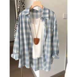 Japanese-Style Lazy Blue Plaid Polo Shirt Top for Women, Spring and Autumn Single-Breasted Thin Jacket, Summer Sun Protection Long-Sleeve