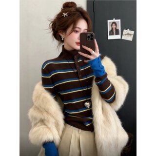 High-Fashion Color-Block Knit Sweater for Women, Autumn and Winter, Vintage Striped Half-Turtleneck Button-Up Sweater, Base Layer Top