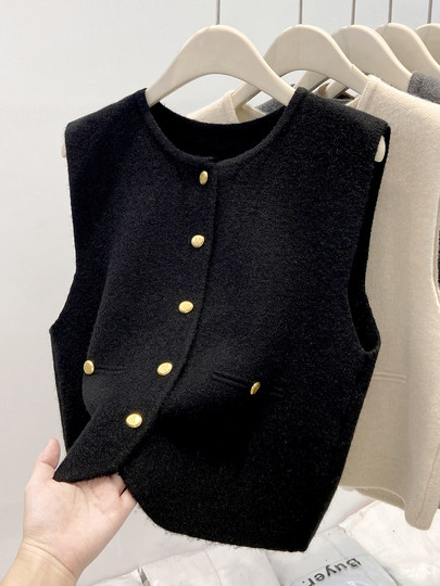 Vintage Layered Small Gold Button Cardigan Vest for Women, 2026 Spring Soft Knit Sweater, Fashionable and Age-Reducing Outerwear