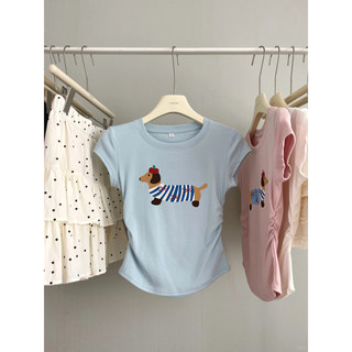 Puppy Print Short-Sleeved Women's Summer 2025 New Style Waist-Cinching Pleated Top Korean Style Age-Reducing Baby Blue Regular Shoulder T-Shirt