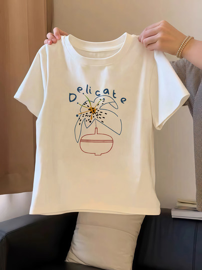 Artistic Hand-Painted Printed Top for Women, Summer Comfortable Pure Cotton T-Shirt, White Short-Sleeved, Suitable for Slightly Chubby Women, Inner Layer Base Shirt