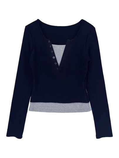 Hong Kong style retro V-neck fake two-piece long-sleeved T-shirt 2025 spring and autumn American style petite hottie right shoulder top for women versatile