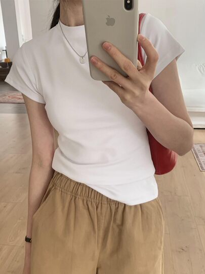 Temperament slim, soft and simple solid color round neck short sleeve 2025 summer wear ins style pure cotton inner T-shirt women's bottoming shirt