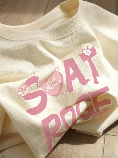 Milky apricot color fun cartoon printed T-shirt for women summer 2025 new Korean style loose and versatile pure cotton short-sleeved top