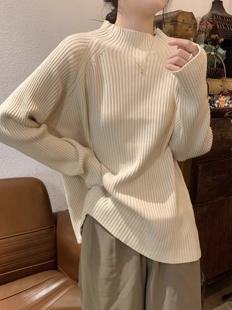 Semi-high collar pit strip retro sweater woman 2023 autumn/winter loose with lazy inner lap blouse milk fufu with underhand jersey-Taobao