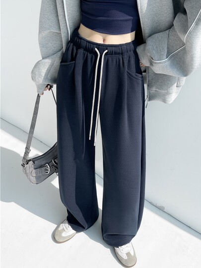 American-Style Thickened Drapey High-Waisted Sports Sweatpants for Women, Autumn and Winter Elastic Waist Casual Floor-Length Pants, Versatile Straight Wide-Leg Pants