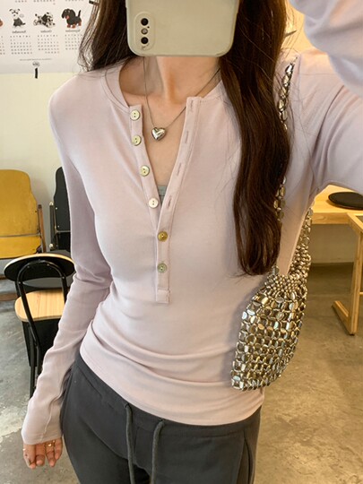 Sweet cool bm Henry collar long-sleeved T-shirt for women autumn and winter mousse imitation cashmere slim button bottoming shirt can be worn as an outer top