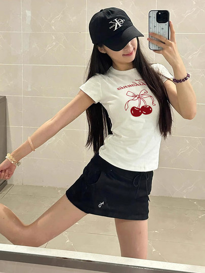 Spicy Girl Short-Sleeved T-Shirt with Cherry Print for Women, Summer 2026 New Slim-Fit Unique Niche Base Top